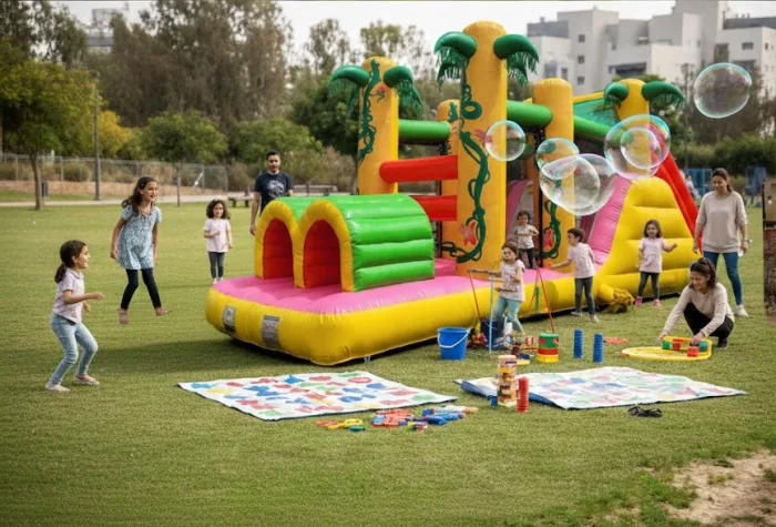 מתחם קפיצות מתנפח לילדים בפארק עם בועות סבון ומשחקים